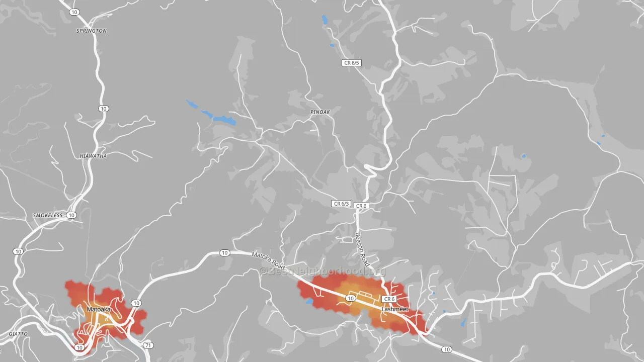 Walk Grade map of 24733, WV, walkable areas in green and car-dependent areas in red