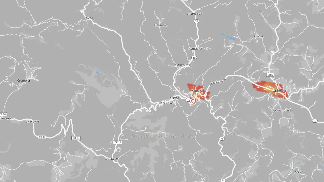Walk Grade map of 24736, WV, walkable areas in green and car-dependent areas in red