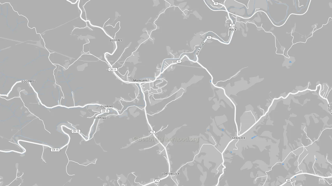 Walk Grade map of 24737, WV, walkable areas in green and car-dependent areas in red