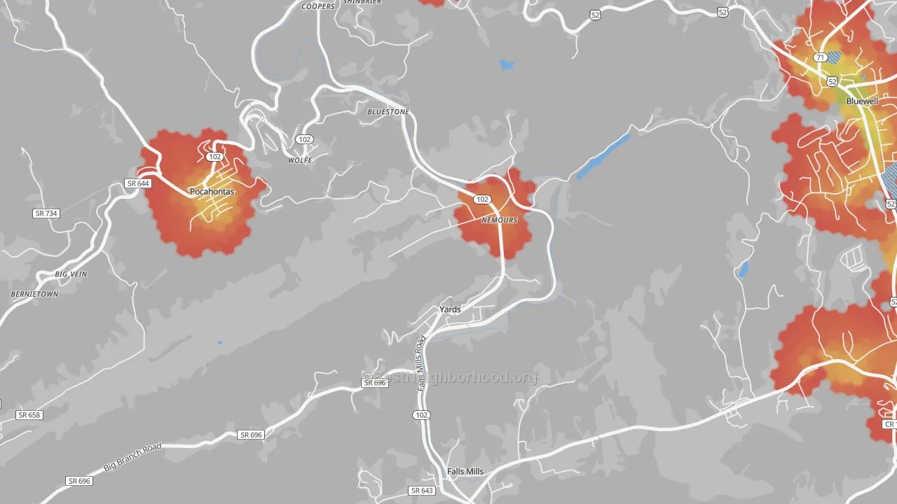 Walk Grade map of 24738, WV, walkable areas in green and car-dependent areas in red