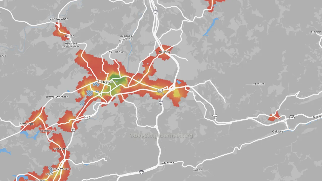 Walk Grade map of 24739, WV, walkable areas in green and car-dependent areas in red