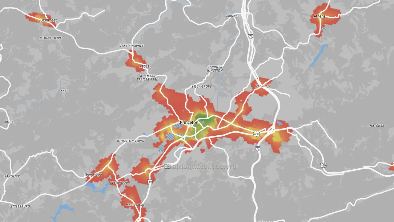 Walk Grade map of 24740, WV, walkable areas in green and car-dependent areas in red