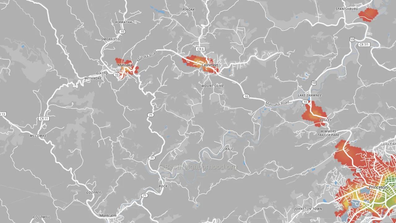 Walk Grade map of 24747, WV, walkable areas in green and car-dependent areas in red