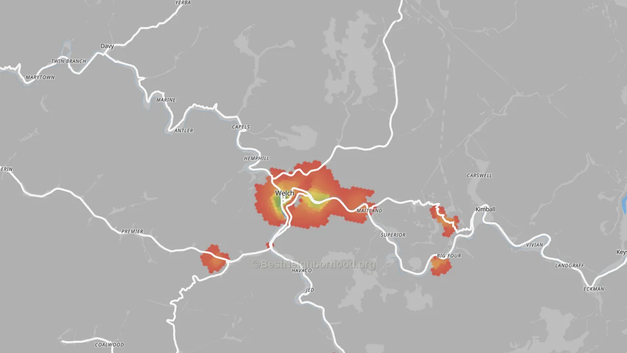 Walk Grade map of 24801, WV, walkable areas in green and car-dependent areas in red