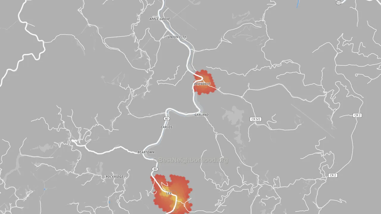 Walk Grade map of 24811, WV, walkable areas in green and car-dependent areas in red