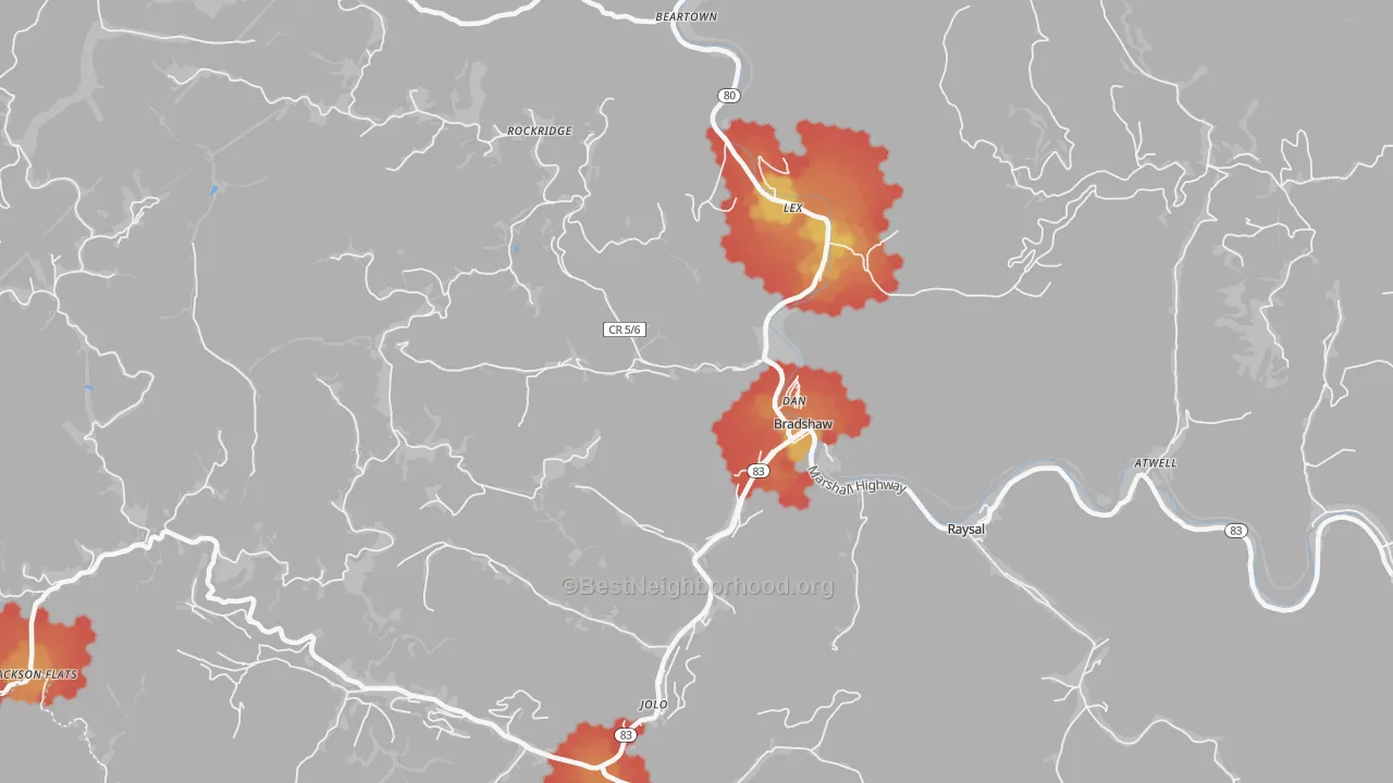 Walk Grade map of 24817, WV, walkable areas in green and car-dependent areas in red
