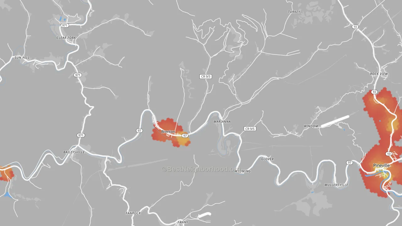 Walk Grade map of 24818, WV, walkable areas in green and car-dependent areas in red