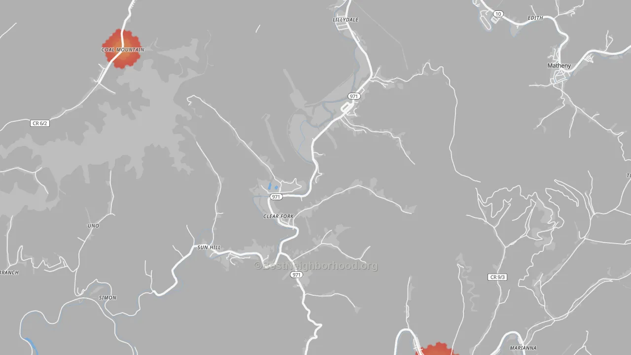 Walk Grade map of 24822, WV, walkable areas in green and car-dependent areas in red