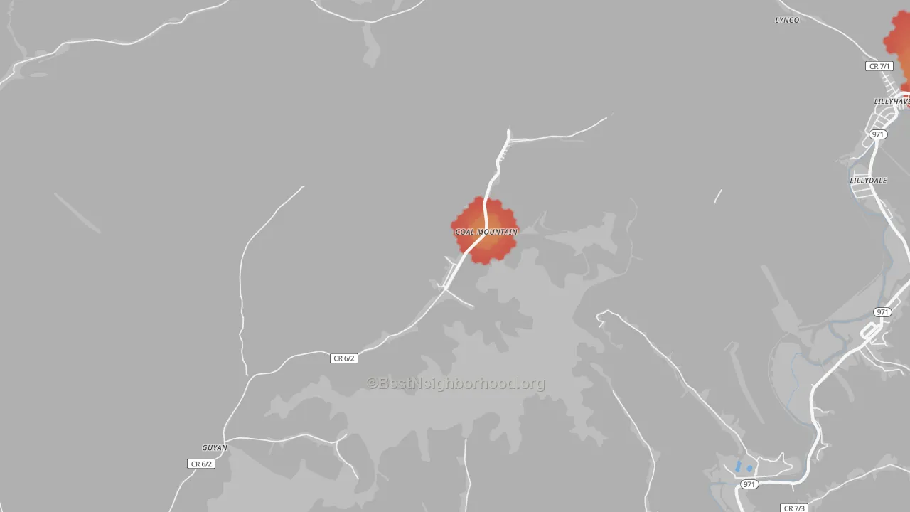 Walk Grade map of 24823, WV, walkable areas in green and car-dependent areas in red