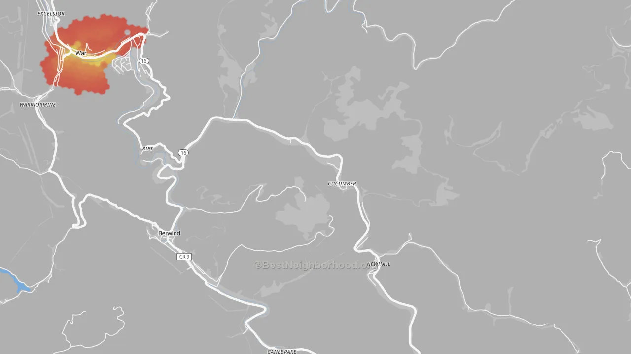 Walk Grade map of 24826, WV, walkable areas in green and car-dependent areas in red