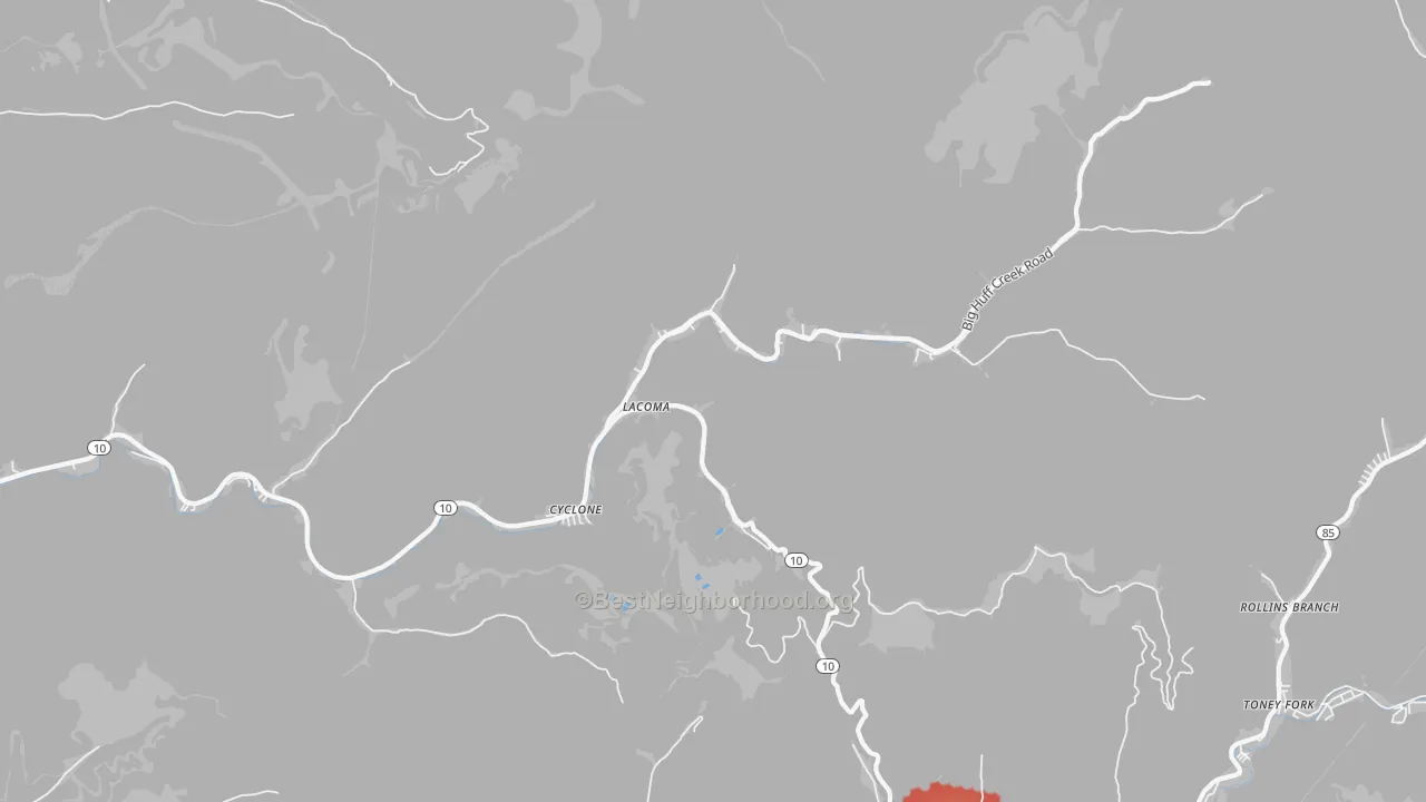 Walk Grade map of 24827, WV, walkable areas in green and car-dependent areas in red