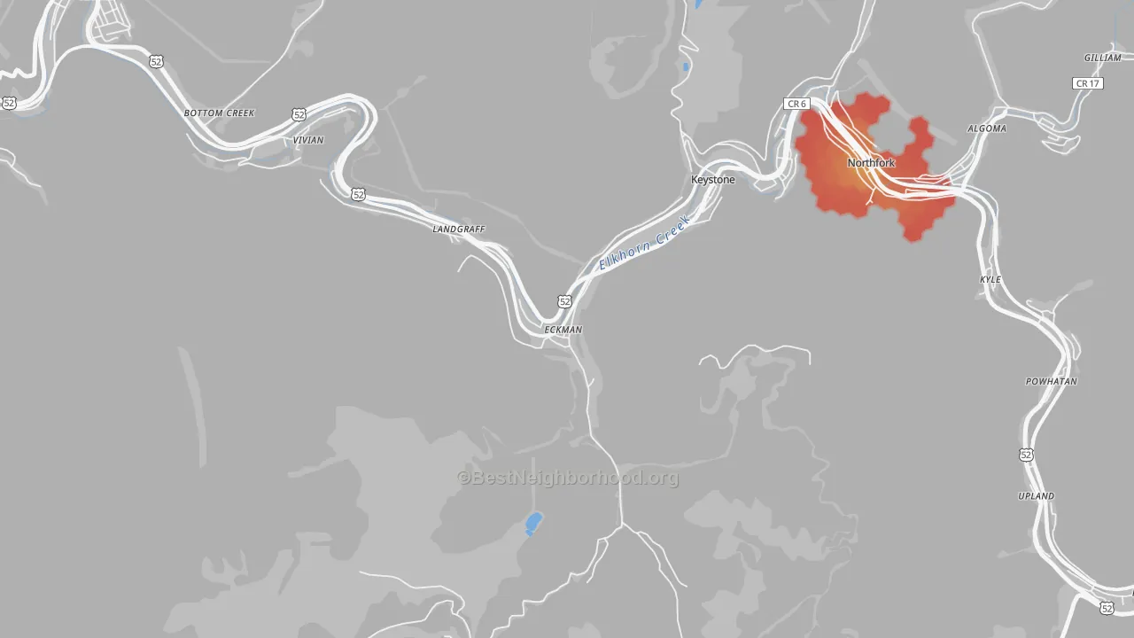 Walk Grade map of 24829, WV, walkable areas in green and car-dependent areas in red