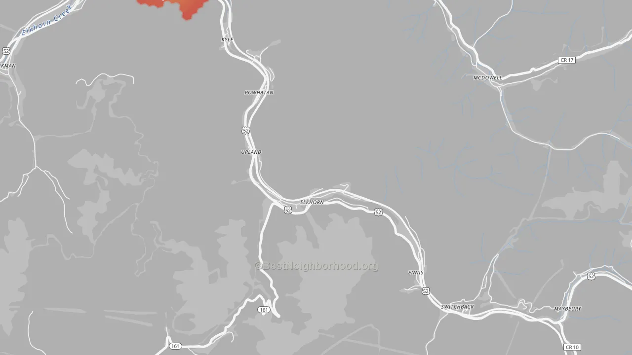 Walk Grade map of 24831, WV, walkable areas in green and car-dependent areas in red