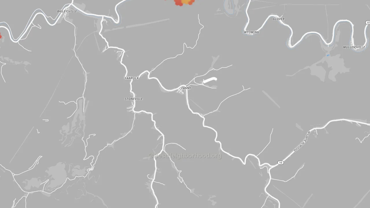 Walk Grade map of 24834, WV, walkable areas in green and car-dependent areas in red