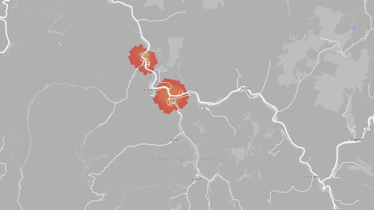 Walk Grade map of 24836, WV, walkable areas in green and car-dependent areas in red