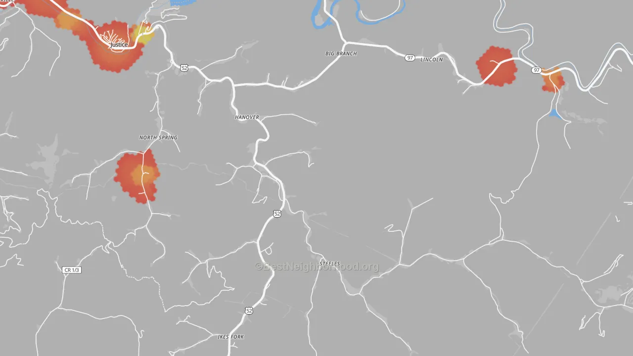 Walk Grade map of 24839, WV, walkable areas in green and car-dependent areas in red