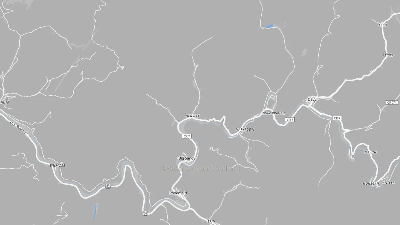 Walk Grade map of 24843, WV, walkable areas in green and car-dependent areas in red