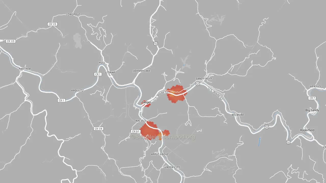 Walk Grade map of 24844, WV, walkable areas in green and car-dependent areas in red