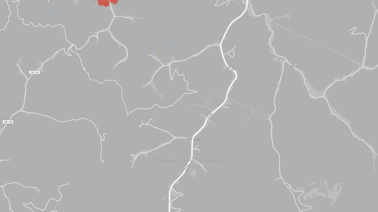 Walk Grade map of 24845, WV, walkable areas in green and car-dependent areas in red