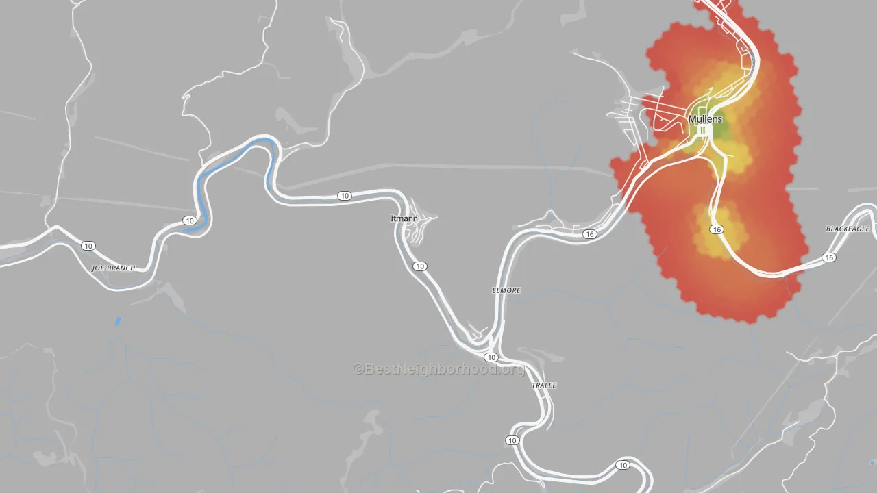 Walk Grade map of 24847, WV, walkable areas in green and car-dependent areas in red