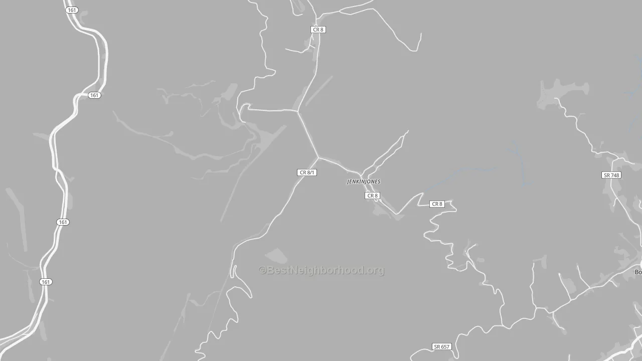 Walk Grade map of 24848, WV, walkable areas in green and car-dependent areas in red