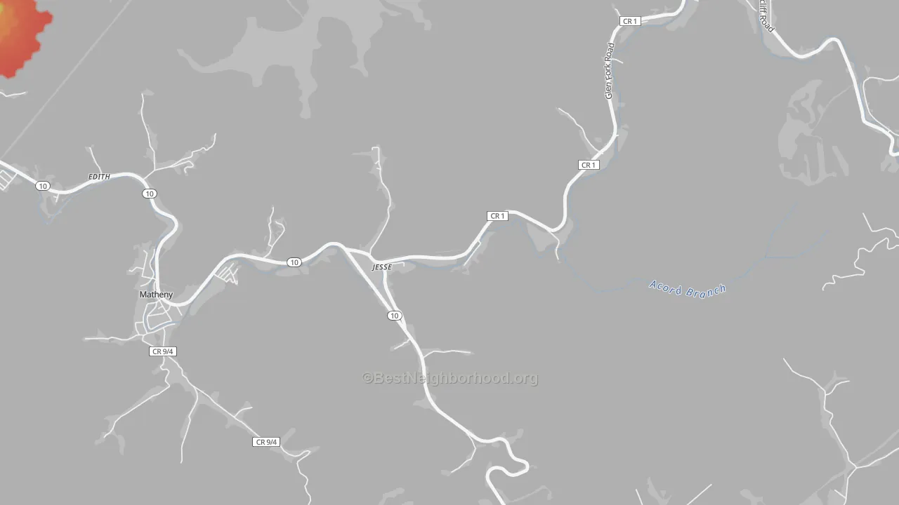 Walk Grade map of 24849, WV, walkable areas in green and car-dependent areas in red