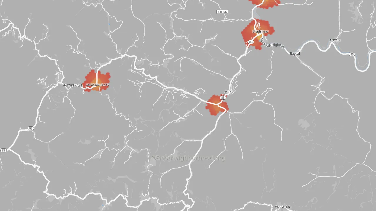 Walk Grade map of 24850, WV, walkable areas in green and car-dependent areas in red
