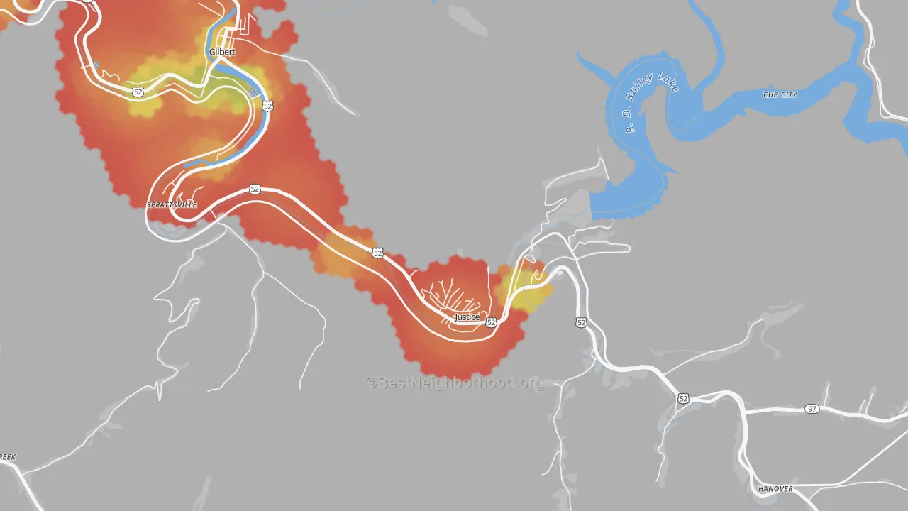 Walk Grade map of 24851, WV, walkable areas in green and car-dependent areas in red