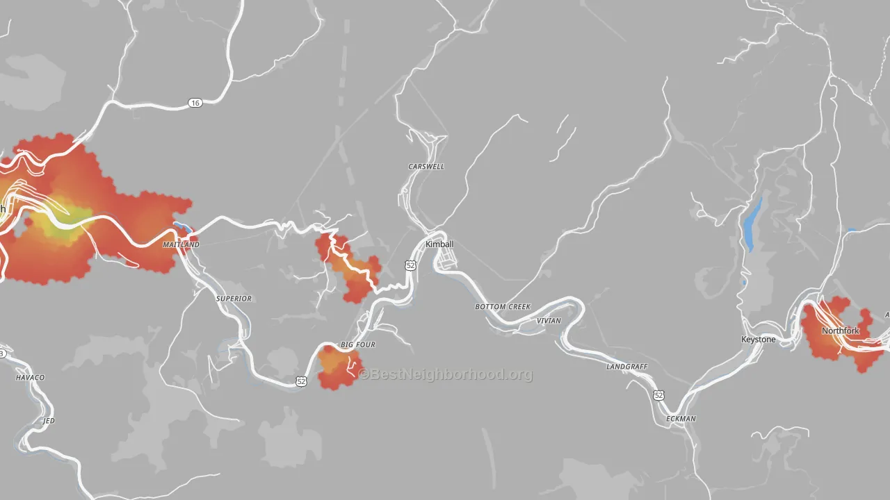 Walk Grade map of 24853, WV, walkable areas in green and car-dependent areas in red