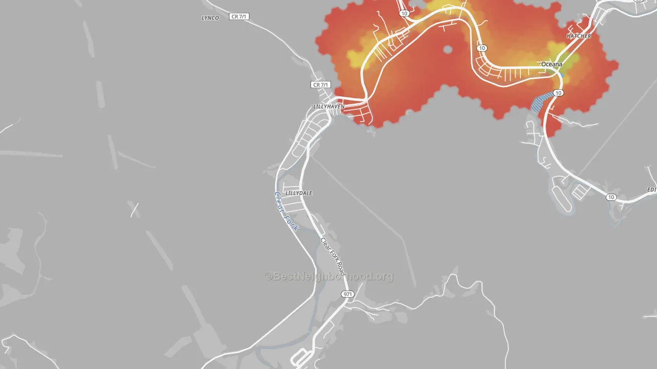 Walk Grade map of 24857, WV, walkable areas in green and car-dependent areas in red