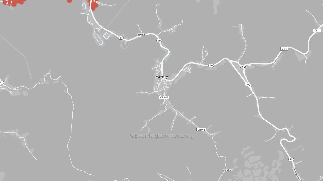 Walk Grade map of 24860, WV, walkable areas in green and car-dependent areas in red