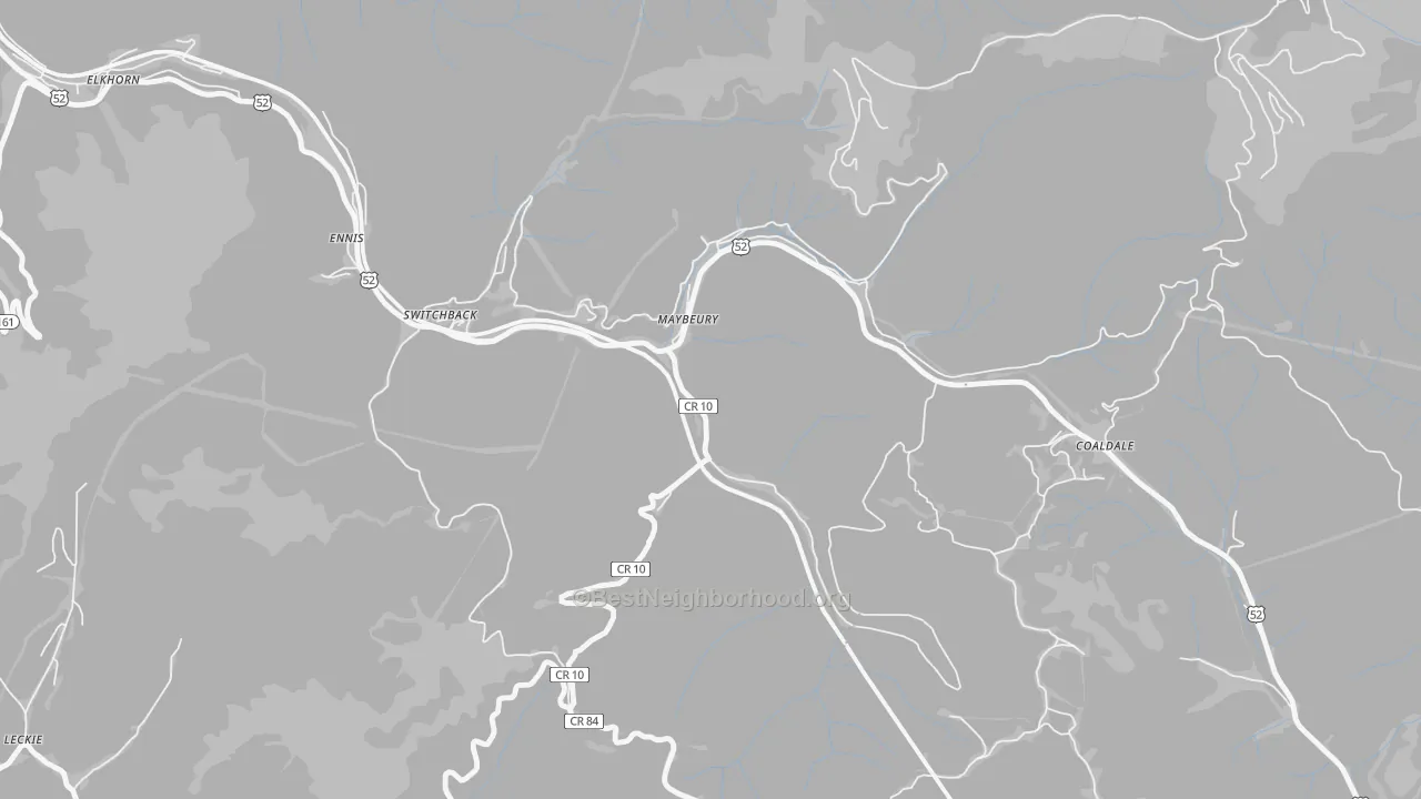 Walk Grade map of 24861, WV, walkable areas in green and car-dependent areas in red