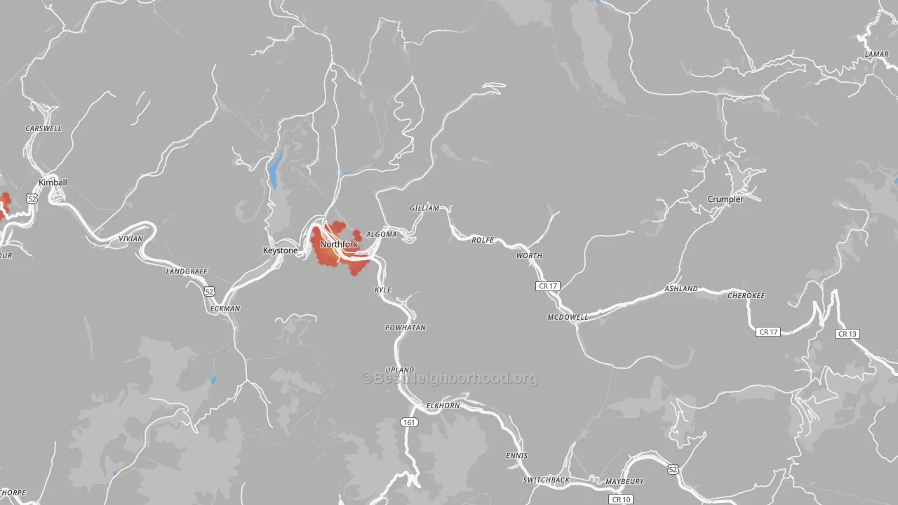 Walk Grade map of 24868, WV, walkable areas in green and car-dependent areas in red