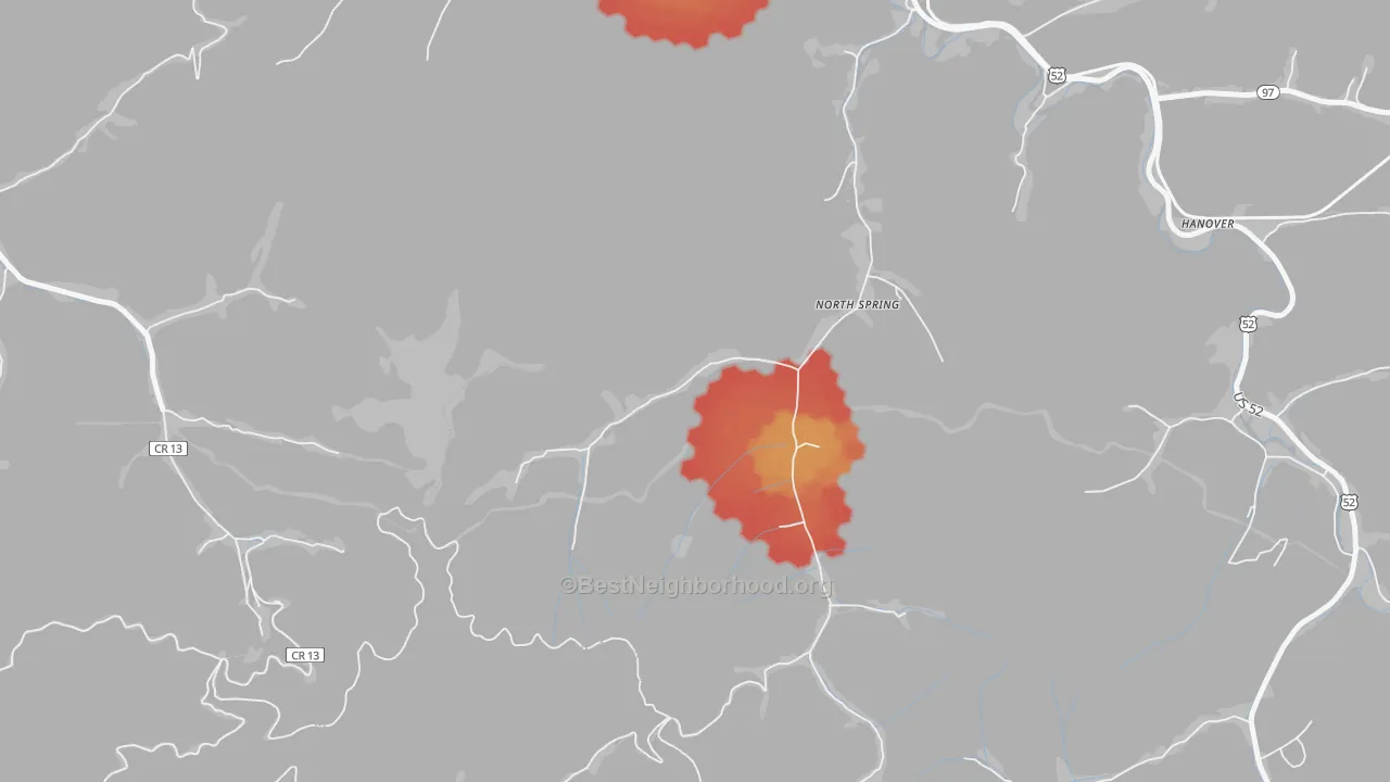 Walk Grade map of 24869, WV, walkable areas in green and car-dependent areas in red
