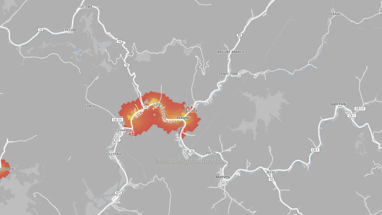 Walk Grade map of 24870, WV, walkable areas in green and car-dependent areas in red