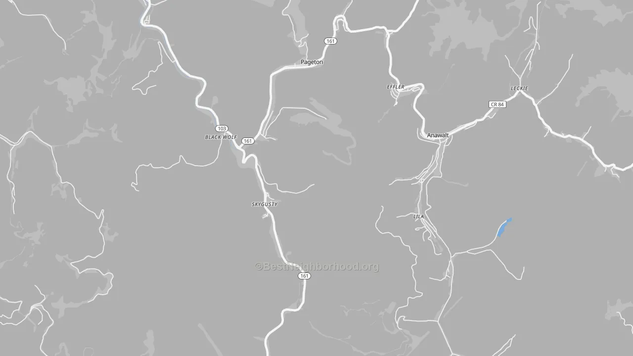 Walk Grade map of 24871, WV, walkable areas in green and car-dependent areas in red