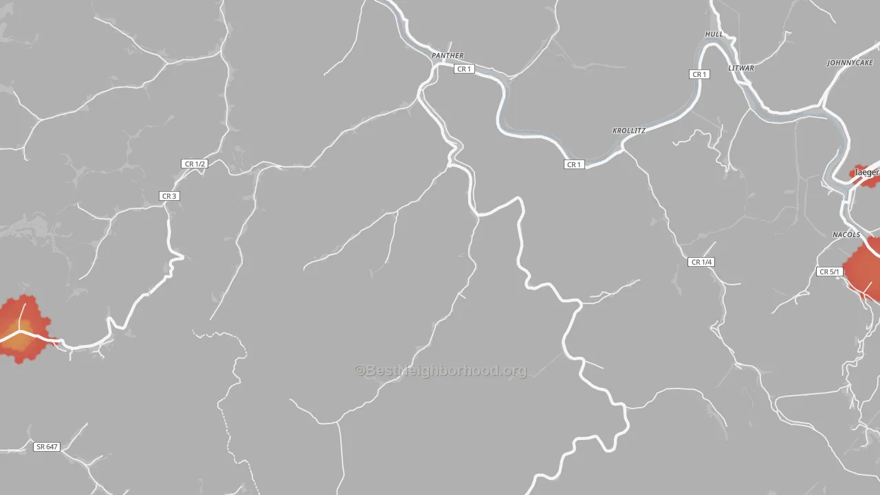 Walk Grade map of 24872, WV, walkable areas in green and car-dependent areas in red