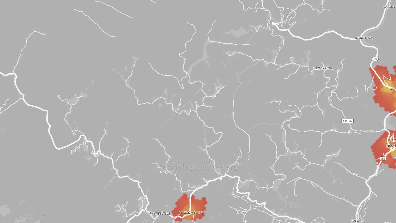 Walk Grade map of 24873, WV, walkable areas in green and car-dependent areas in red