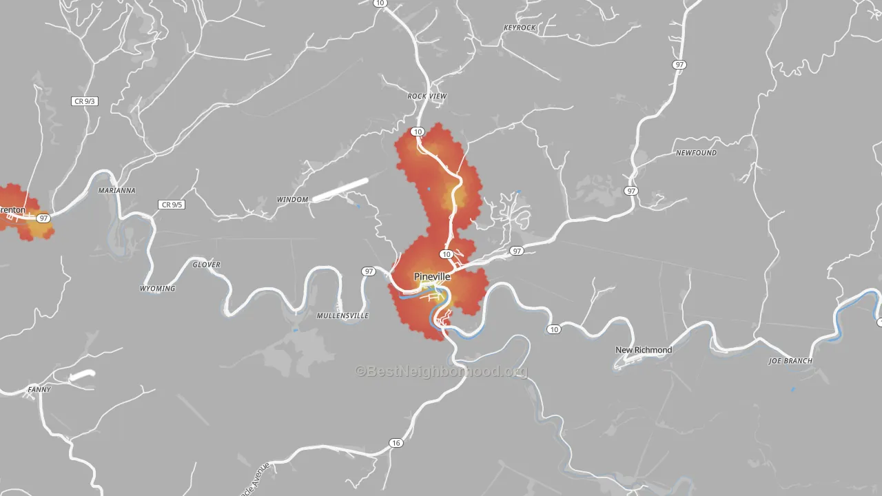 Walk Grade map of 24874, WV, walkable areas in green and car-dependent areas in red