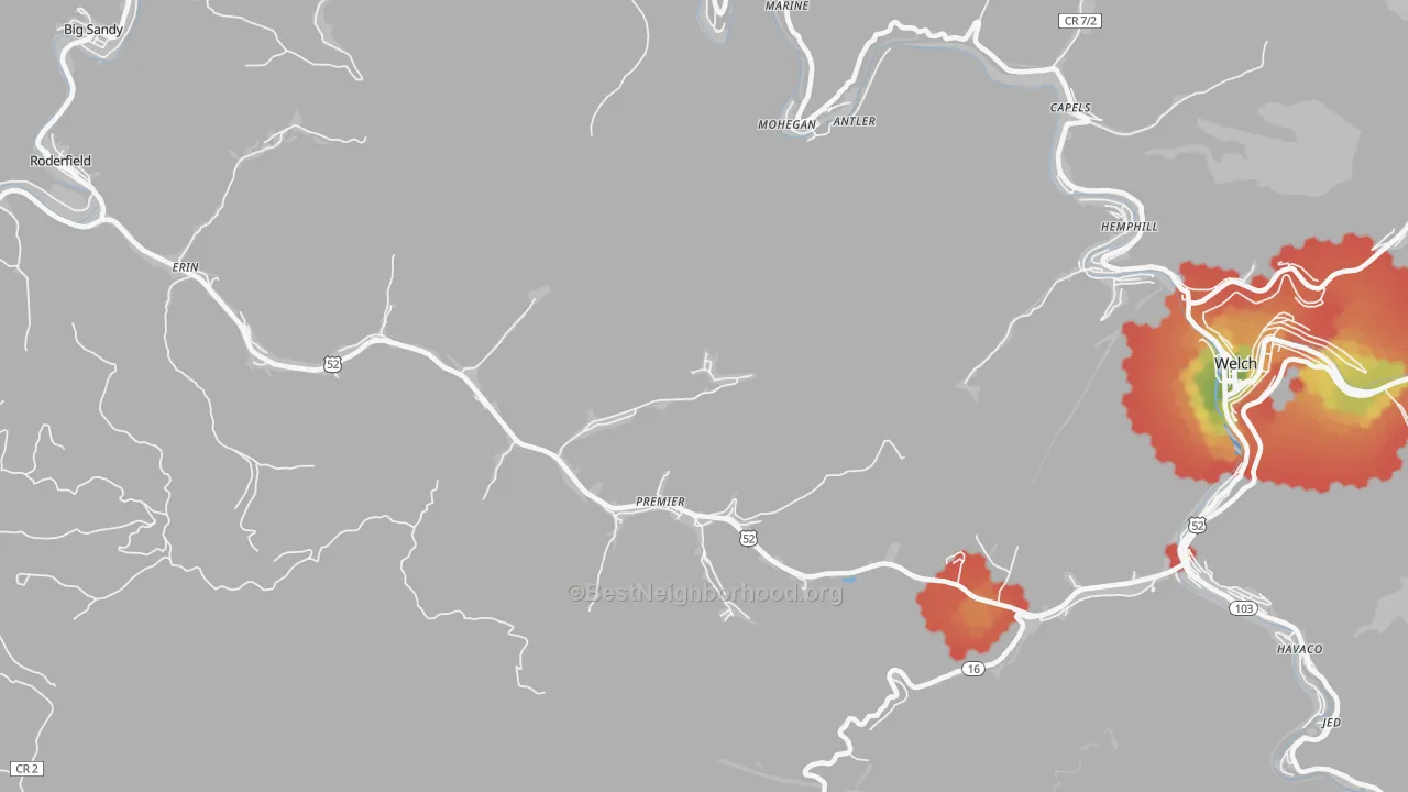 Walk Grade map of 24878, WV, walkable areas in green and car-dependent areas in red