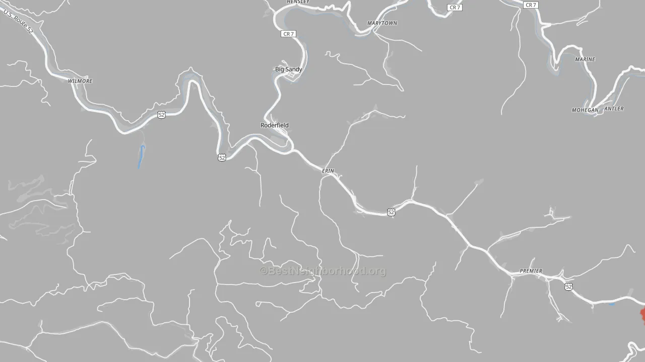 Walk Grade map of 24881, WV, walkable areas in green and car-dependent areas in red