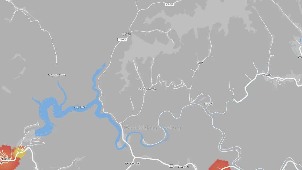 Walk Grade map of 24882, WV, walkable areas in green and car-dependent areas in red