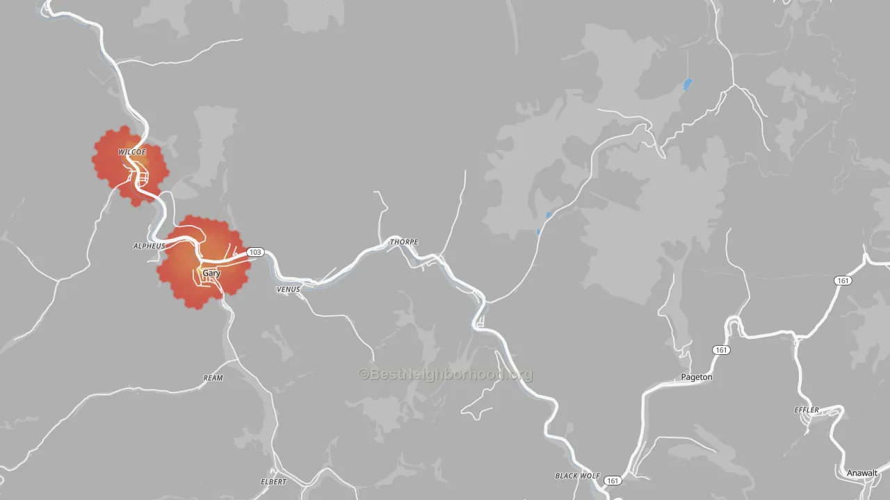 Walk Grade map of 24888, WV, walkable areas in green and car-dependent areas in red