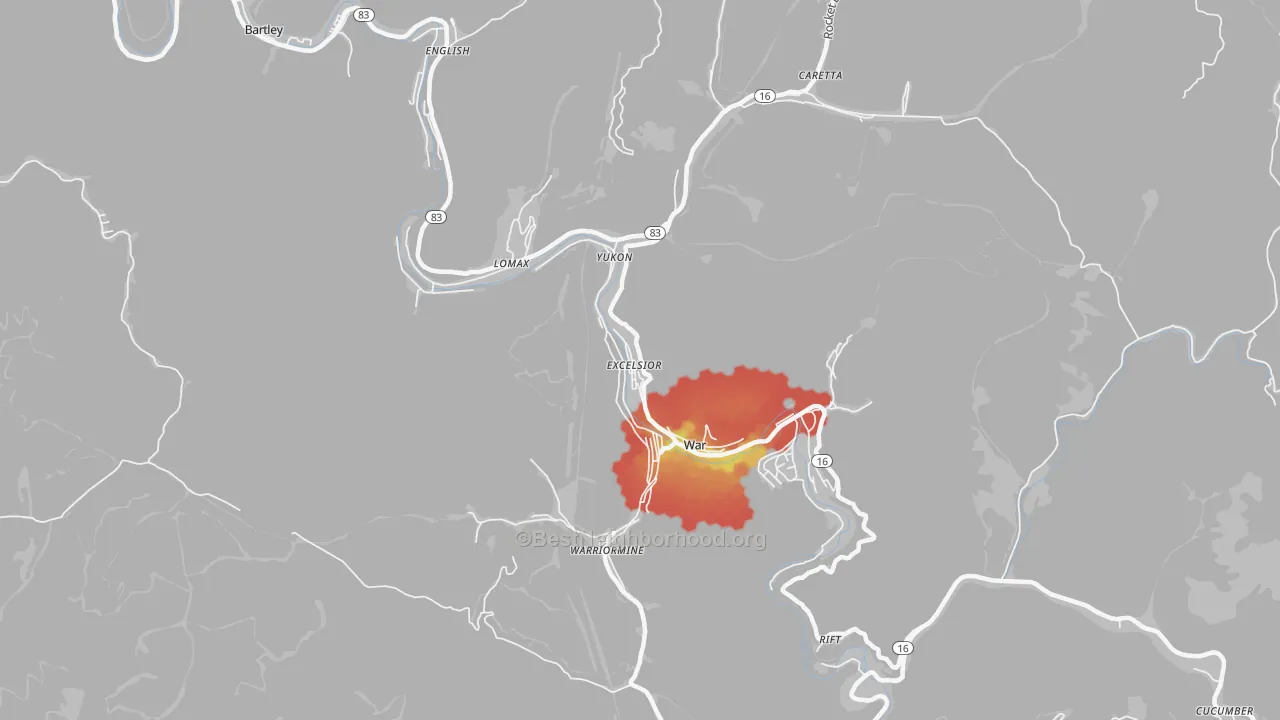Walk Grade map of 24892, WV, walkable areas in green and car-dependent areas in red