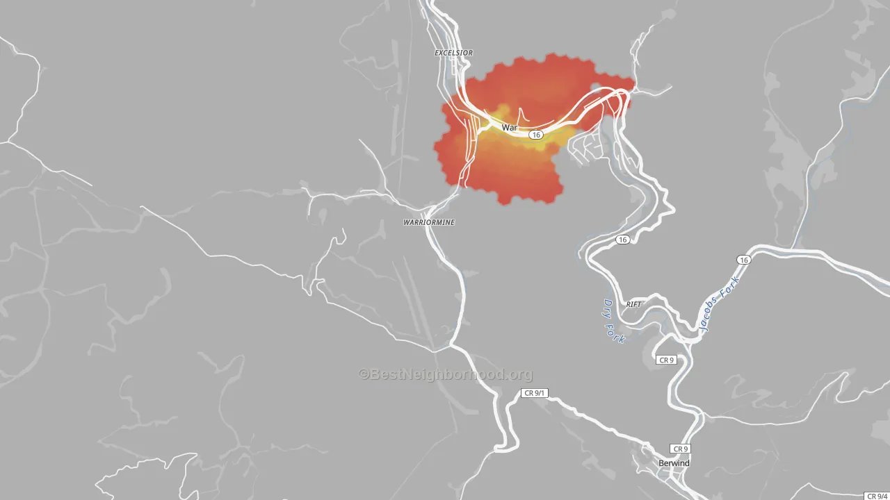 Walk Grade map of 24894, WV, walkable areas in green and car-dependent areas in red