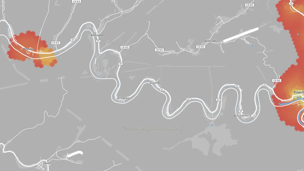 Walk Grade map of 24898, WV, walkable areas in green and car-dependent areas in red
