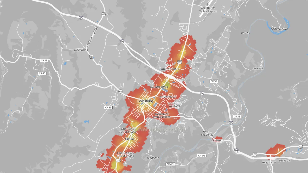 Walk Grade map of 24901, WV, walkable areas in green and car-dependent areas in red