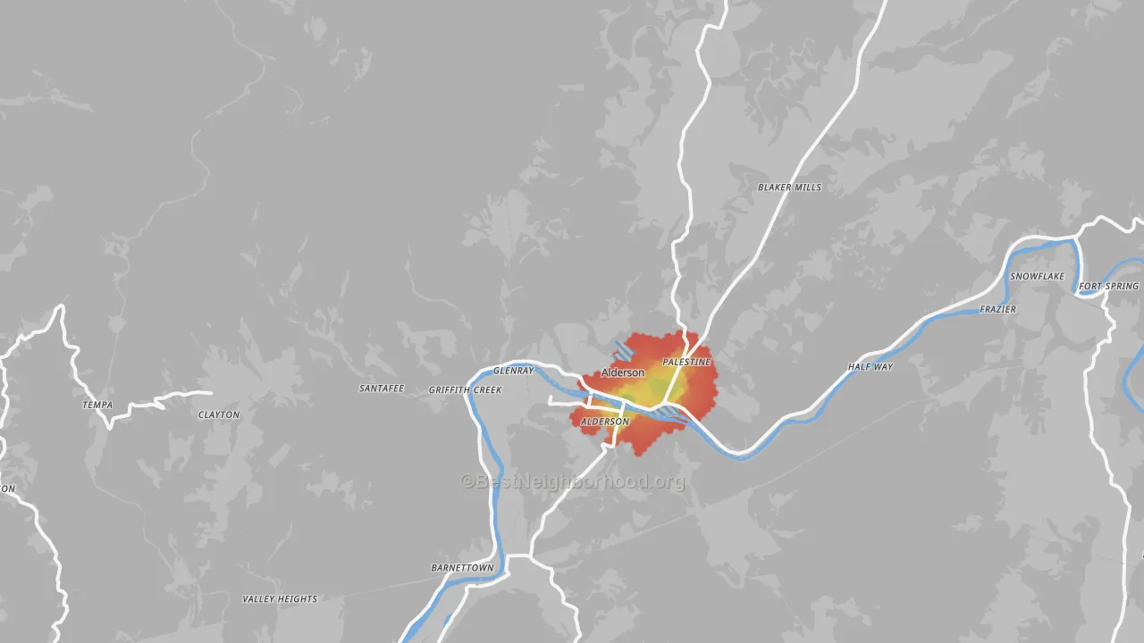 Walk Grade map of 24910, WV, walkable areas in green and car-dependent areas in red