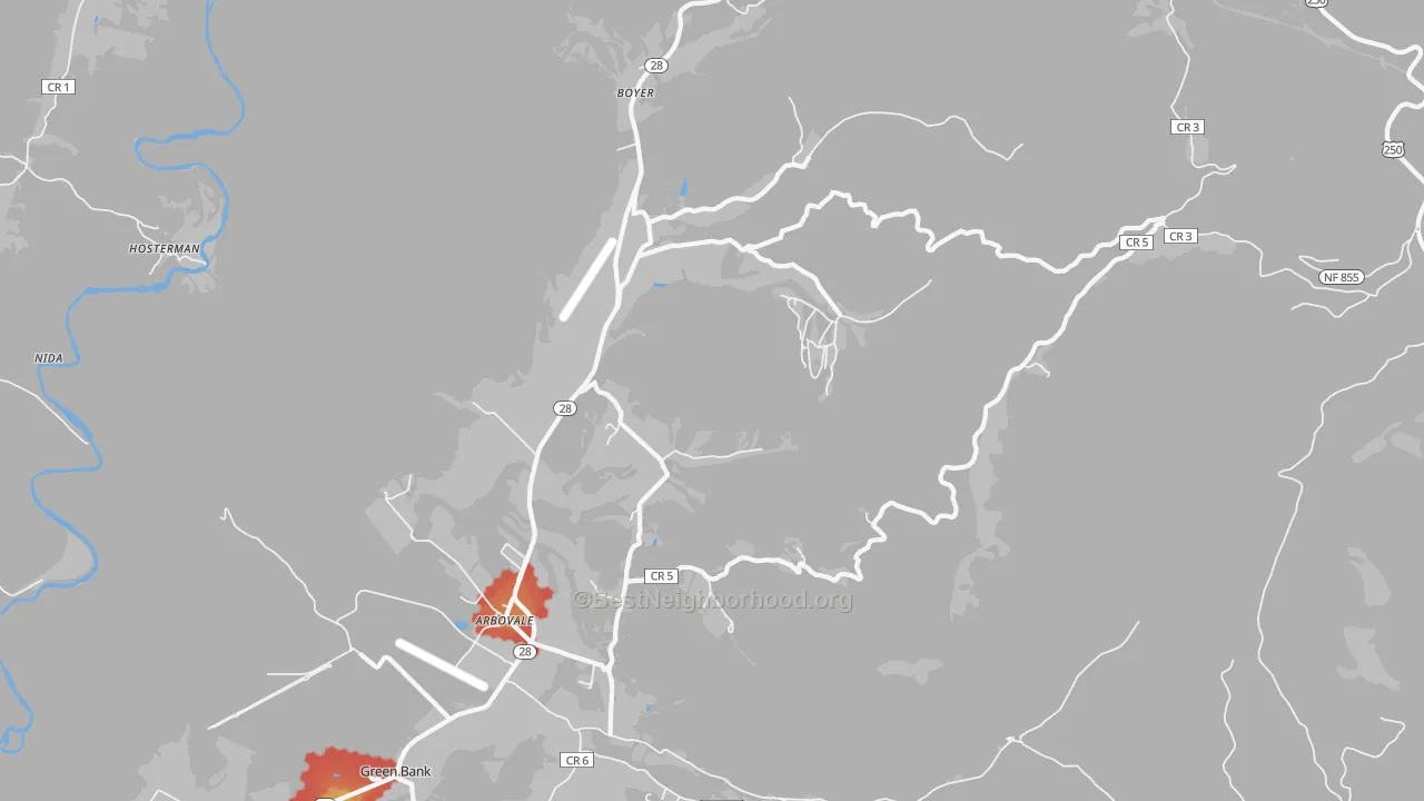 Walk Grade map of 24915, WV, walkable areas in green and car-dependent areas in red