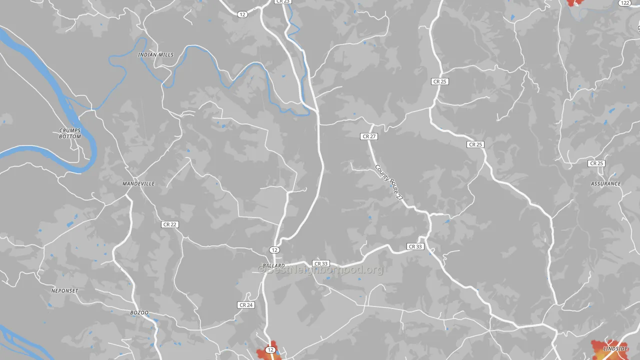 Walk Grade map of 24918, WV, walkable areas in green and car-dependent areas in red